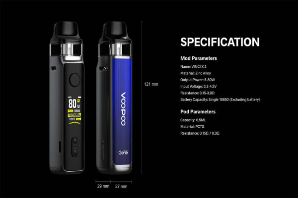 Thông số kỹ thuật Voopoo Vinci X 2 80W Pod Mod Kit